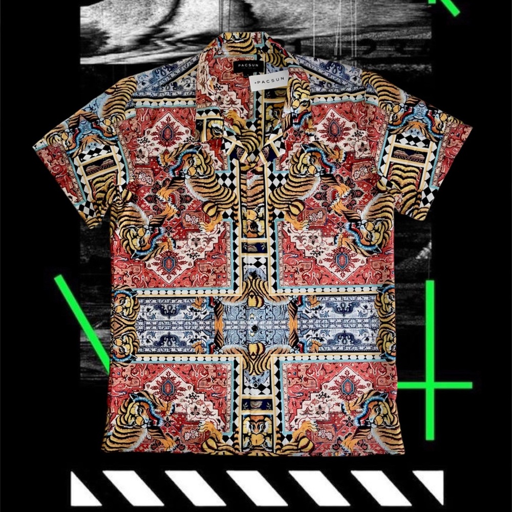 Pacsun All-Over Tiger Print Short Sleeve Hawaiian Button Up Shirt (Multi-Color)
